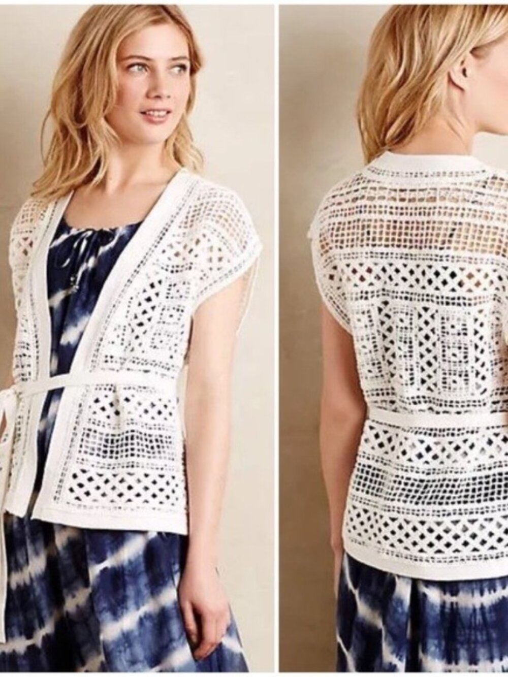 Anthropologie Knitted & Knotted Belted Crochet Cardigan Ivory Boho Size L NWT